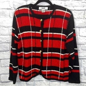 Vintage SEGUE sweater. size medium. plaid black/red/white striped